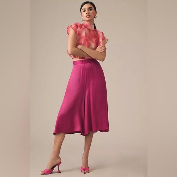 Anthropologie Silky Wide Leg Culottes Pants Cropped Hot Pink Barbie core new - Picture 1 of 12
